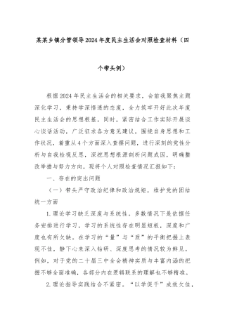 某某乡镇分管领导2024年度民主生活会对照检查材料