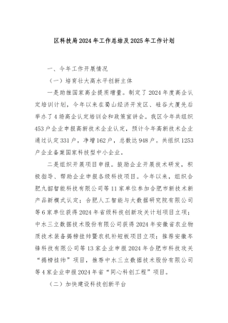 区科技局2024年工作总结及2025年工作计划