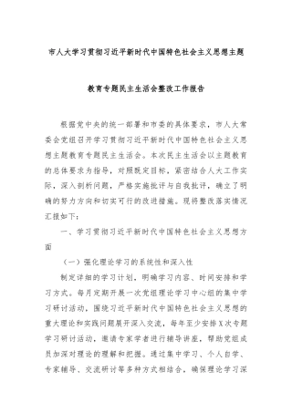 市人大学习贯彻总书记新时代中国特色社会主义思想主题教育专题民主生活会整改工作报告