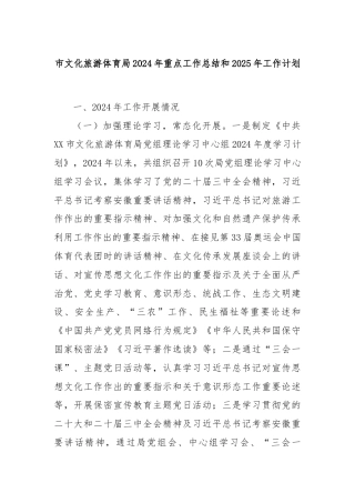 市文化旅游体育局2024年重点工作总结和2025年工作计划