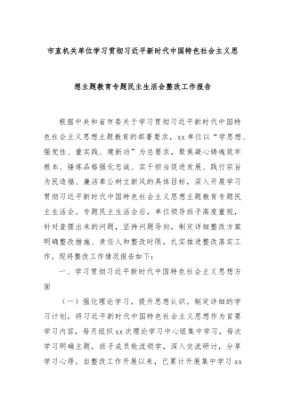 市直机关单位学习贯彻总书记新时代中国特色社会主义思想主题教育专题民主生活会整改工作报告