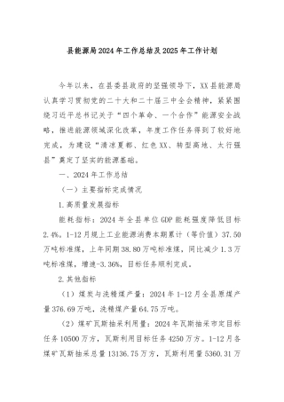 县能源局2024年工作总结及2025年工作计划