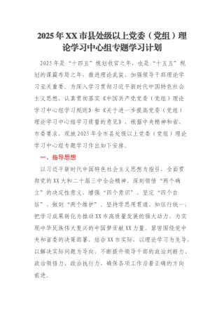2025年XX市县处级以上党委（党组）理论学习中心组专题学习计划