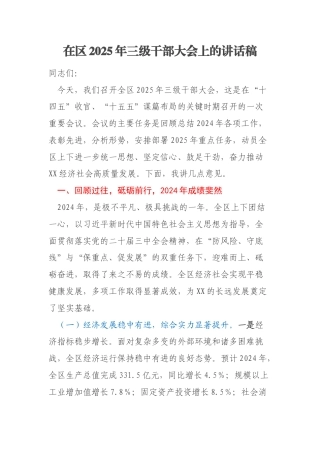 在区2025年三级干部大会上的讲话稿