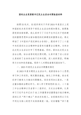 国有企业党委副书记民主生活会对照检查材料