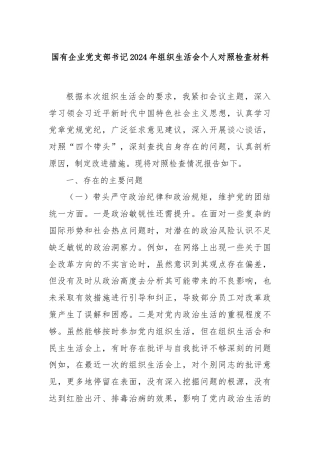 国有企业党支部书记2024年组织生活会个人对照检查材料