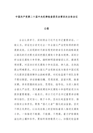中国共产党第二十届中央纪律检查委员会第四次全体会议公报