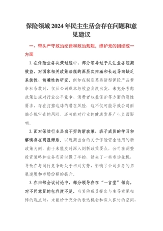 保险领域2024年民主生活会存在问题和意见建议