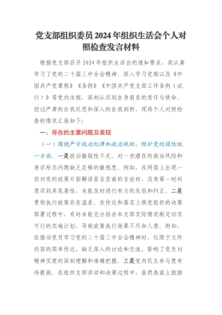 党支部组织委员2024年组织生活会个人对照检查发言材料