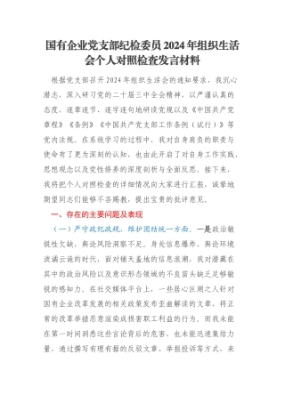 国有企业党支部纪检委员2024年组织生活会个人对照检查发言材料
