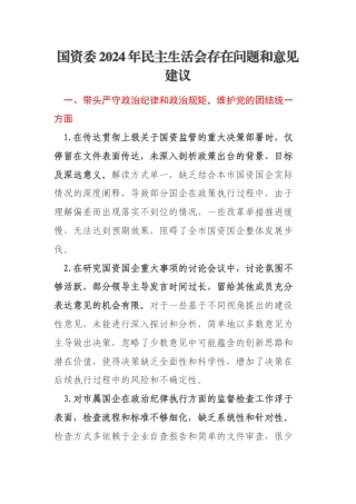 国资委2024年民主生活会存在问题和意见建议