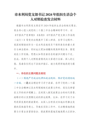 市水利局党支部书记2024年组织生活会个人对照检查发言材料