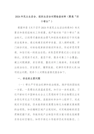 2024年民主生活会、组织生活会对照检查材料（聚焦“四个带头”）