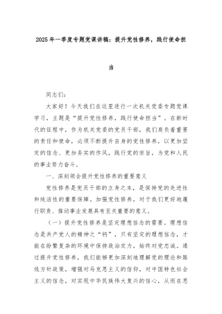 2025年一季度专题党课讲稿：提升党性修养，践行使命担当