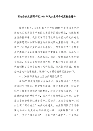 国有企业党委副书记2024年民主生活会对照检查材料