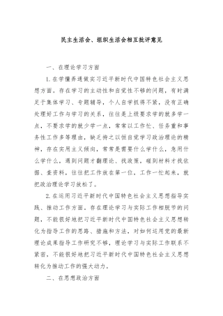 民主生活会、组织生活会相互批评意见