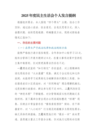 2025年度民主生活会个人发言提纲