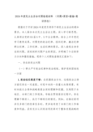 2024年度民主生活会对照检视材料 （问题+原因+措施+意识形态）