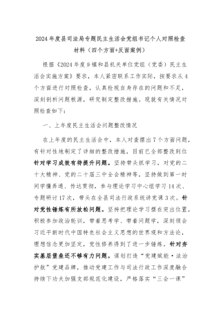 2024年度县司法局专题民主生活会党组书记个人对照检查材料（四个方面+反面案例）