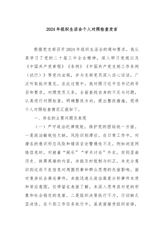 2024年组织生活会个人对照检查发言