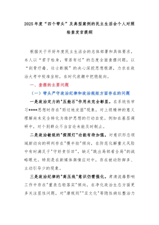 2025年度“四个带头”及典型案例的民主生活会个人对照检查发言提纲