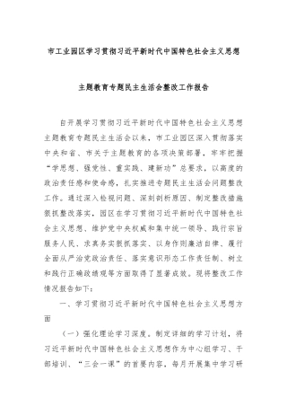 市工业园区学习贯彻习近平新时代中国特色社会主义思想主题教育专题民主生活会整改工作报告