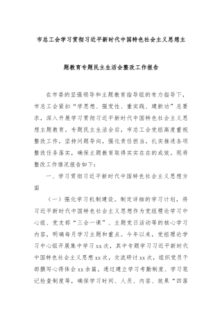 市总工会学习贯彻习近平新时代中国特色社会主义思想主题教育专题民主生活会整改工作报告