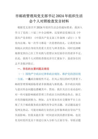 市邮政管理局党支部书记2024年组织生活会个人对照检查发言材料