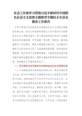 社会工作部学习贯彻习近平新时代中国特色社会主义思想主题教育专题民主生活会整改工作报告