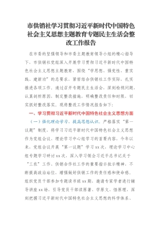 市供销社学习贯彻习近平新时代中国特色社会主义思想主题教育专题民主生活会整改工作报告