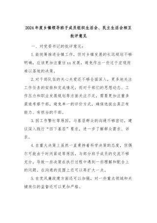 2024年度乡镇领导班子成员组织生活会、民主生活会相互批评意见