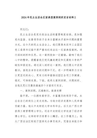2024年民主生活会反面典型案例剖析发言材料2
