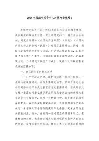 2024年组织生活会个人对照检查材料1