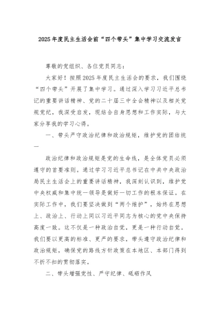 2025年度民主生活会前“四个带头”集中学习交流发言