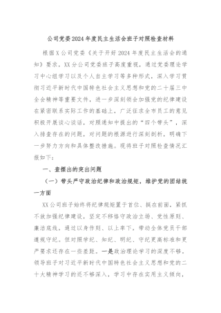 公司党委2024年度民主生活会班子对照检查材料
