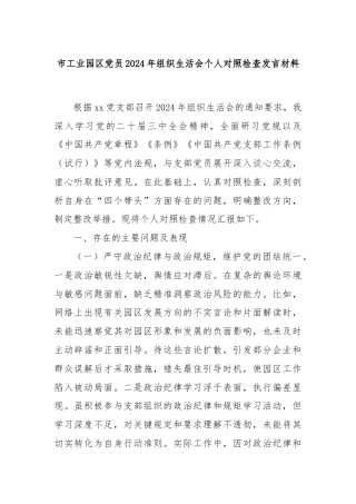 市工业园区党员2024年组织生活会个人对照检查发言材料