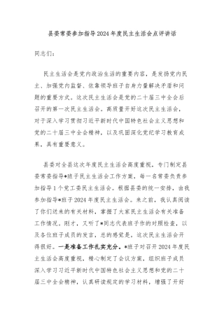 县委常委参加指导2024年度民主生活会点评讲话