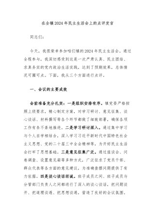 在全镇2024年民主生活会上的点评发言