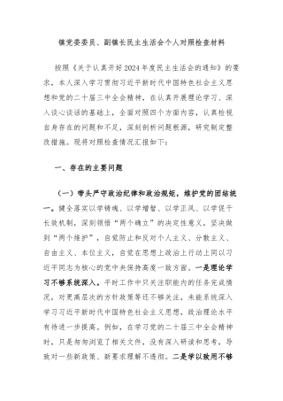 镇党委委员、副镇长民主生活会个人对照检查材料