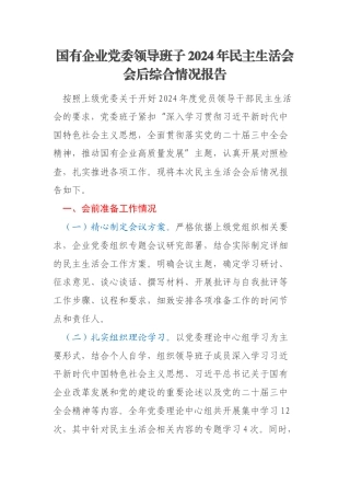 国有企业党委领导班子2024年民主生活会会后综合情况报告