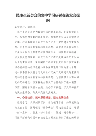 民主生活会会前集中学习研讨交流发言提纲