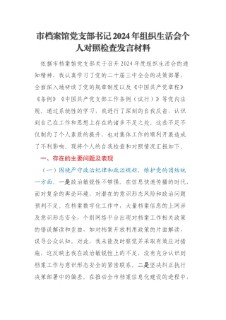 市档案馆党支部书记2024年组织生活会个人对照检查发言材料