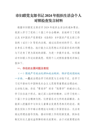 市妇联党支部书记2024年组织生活会个人对照检查发言材料
