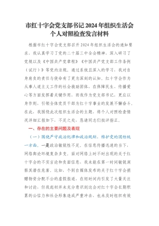 市红十字会党支部书记2024年组织生活会个人对照检查发言材料