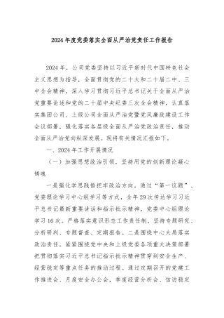2024年度党委落实全面从严治党责任工作报告