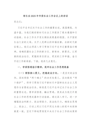 部长在2025年市委社会工作会议上的讲话