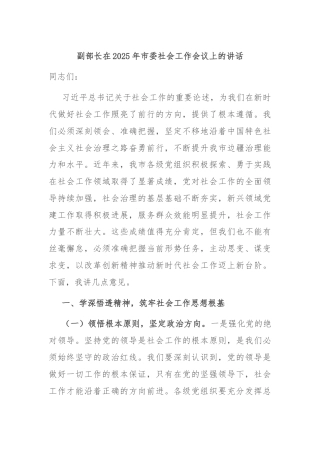 副部长在2025年市委社会工作会议上的讲话