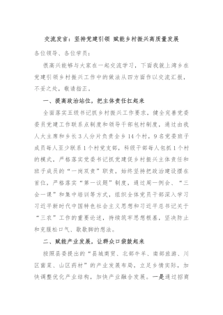 交流发言：坚持党建引领 赋能乡村振兴高质量发展