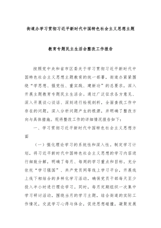 街道办学习贯彻总书记新时代中国特色社会主义思想主题教育专题民主生活会整改工作报告