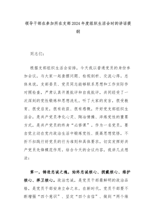 领导干部在参加所在支部2024年度组织生活会时的讲话提纲